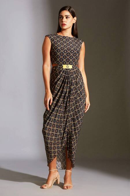 Shop_Soup By Sougat Paul_Blue Crepe Round Printed Dress With Jacket _Online_at_Aza_Fashions