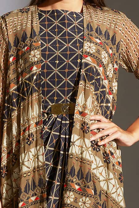 Soup By Sougat Paul_Blue Crepe Round Printed Dress With Jacket _at_Aza_Fashions