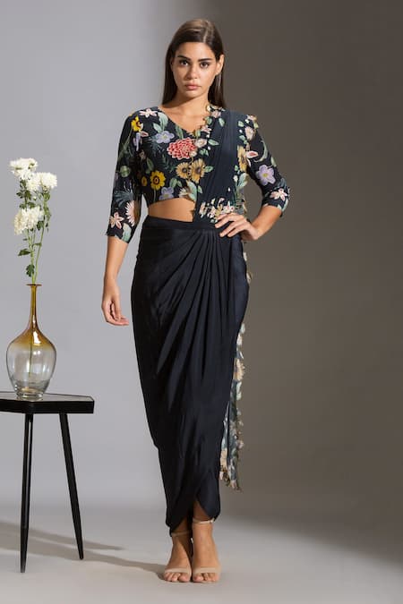 Shop_Soup By Sougat Paul_Blue Crepe V Neck Pre-draped Saree With Printed Blouse _Online_at_Aza_Fashions