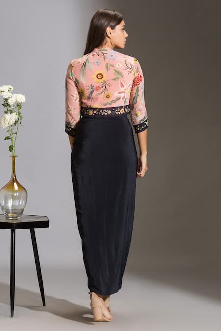 Shop Soup By Sougat Paul Blue Crepe Mandarin Collar Draped Skirt Set at Aza Fashions Shop_Soup By Sougat Paul_Blue Crepe Mandarin Collar Draped Skirt Set _at_Aza_Fashions