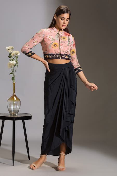 Soup By Sougat Paul Blue Crepe Mandarin Collar Draped Skirt Set Online at Aza Fashions Soup By Sougat Paul_Blue Crepe Mandarin Collar Draped Skirt Set _Online_at_Aza_Fashions