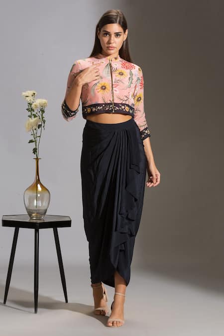 Buy Soup By Sougat Paul Blue Crepe Mandarin Collar Draped Skirt Set Online at Aza Fashions Buy_Soup By Sougat Paul_Blue Crepe Mandarin Collar Draped Skirt Set _Online_at_Aza_Fashions