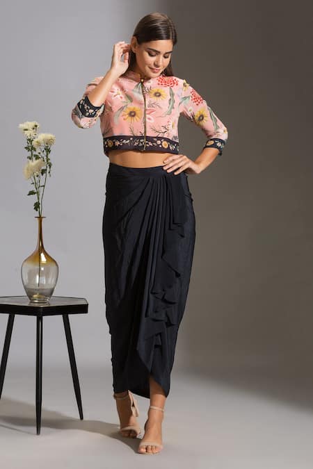 Shop Soup By Sougat Paul Blue Crepe Mandarin Collar Draped Skirt Set Online at Aza Fashions Shop_Soup By Sougat Paul_Blue Crepe Mandarin Collar Draped Skirt Set _Online_at_Aza_Fashions