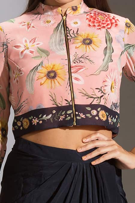 Soup By Sougat Paul Blue Crepe Mandarin Collar Draped Skirt Set at Aza Fashions Soup By Sougat Paul_Blue Crepe Mandarin Collar Draped Skirt Set _at_Aza_Fashions