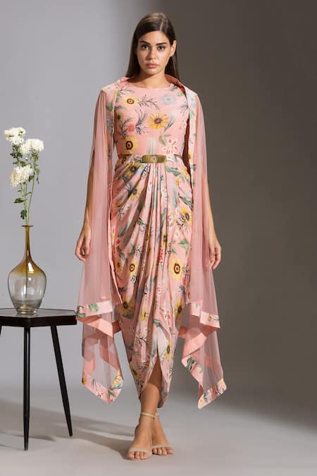 Shop_Soup By Sougat Paul_Pink Net, Crepe Round Printed Dress With Cape _Online_at_Aza_Fashions