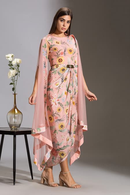 Soup By Sougat Paul_Pink Net, Crepe Round Printed Dress With Cape _Online_at_Aza_Fashions