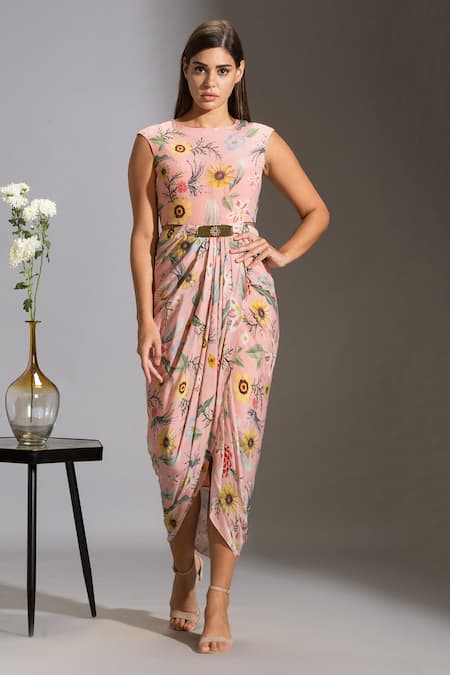 Buy_Soup By Sougat Paul_Pink Net, Crepe Round Printed Dress With Cape _Online_at_Aza_Fashions