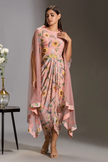 Soup by Sougat Paul Pink Crepe Round Printed Dress With Cape 