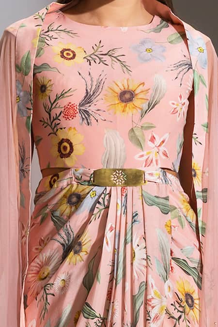 Soup By Sougat Paul_Pink Net, Crepe Round Printed Dress With Cape _at_Aza_Fashions