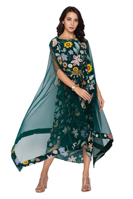 Soup By Sougat Paul_Green Net, Crepe Round Draped Dress With Cape _Online_at_Aza_Fashions