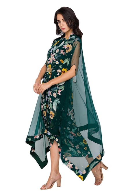 Shop_Soup By Sougat Paul_Green Net, Crepe Round Draped Dress With Cape _Online_at_Aza_Fashions