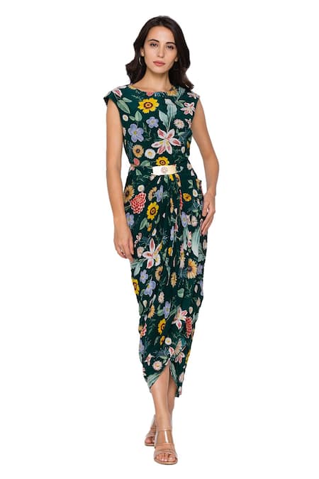 Buy_Soup By Sougat Paul_Green Net, Crepe Round Draped Dress With Cape _Online_at_Aza_Fashions