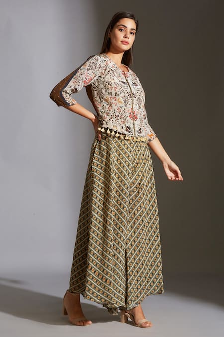 Soup By Sougat Paul_Beige Moss Crepe Round Printed Jacket And Palazzo Set _Online_at_Aza_Fashions