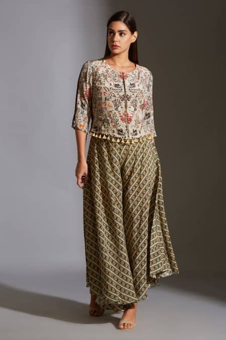 Buy_Soup By Sougat Paul_Beige Moss Crepe Round Printed Jacket And Palazzo Set _Online_at_Aza_Fashions
