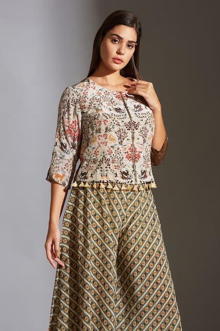 Shop_Soup By Sougat Paul_Beige Moss Crepe Round Printed Jacket And Palazzo Set _Online_at_Aza_Fashions