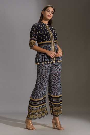 Soup By Sougat Paul_Blue Crepe Mandarin Collar Printed Palazzo Set _Online_at_Aza_Fashions