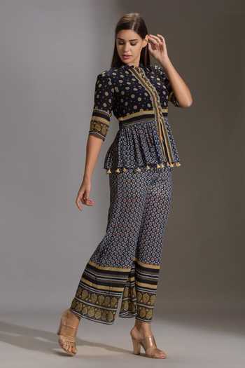 Buy_Soup By Sougat Paul_Blue Crepe Mandarin Collar Printed Palazzo Set _Online_at_Aza_Fashions