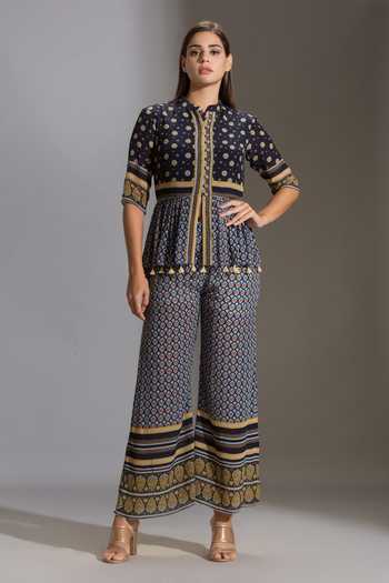 Shop_Soup By Sougat Paul_Blue Crepe Mandarin Collar Printed Palazzo Set _Online_at_Aza_Fashions
