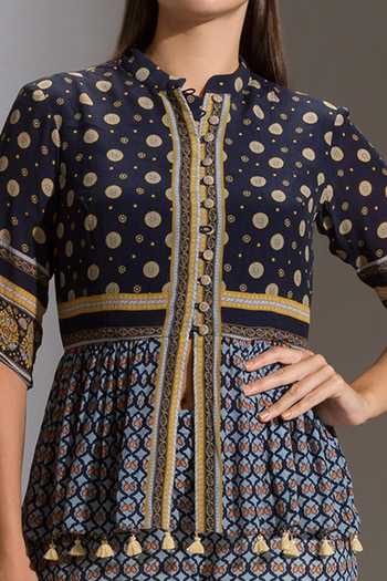 Soup By Sougat Paul_Blue Crepe Mandarin Collar Printed Palazzo Set _at_Aza_Fashions