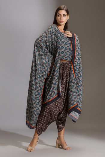 Soup By Sougat Paul_Blue Cotton Silk Round Printed Cape And Dhoti Pant Set _Online_at_Aza_Fashions