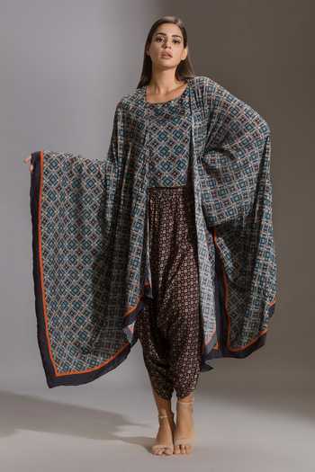 Buy_Soup By Sougat Paul_Blue Cotton Silk Round Printed Cape And Dhoti Pant Set _Online_at_Aza_Fashions