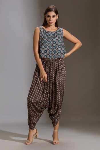 Shop_Soup By Sougat Paul_Blue Cotton Silk Round Printed Cape And Dhoti Pant Set _Online_at_Aza_Fashions