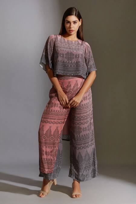 Buy_Soup By Sougat Paul_Grey Crepe Round Printed Tunic And Pant Set _Online_at_Aza_Fashions