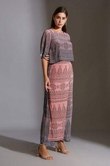 Soup By Sougat Paul_Grey Crepe Round Printed Tunic And Pant Set _Online_at_Aza_Fashions