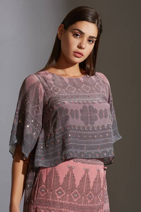 Shop_Soup By Sougat Paul_Grey Crepe Round Printed Tunic And Pant Set _Online_at_Aza_Fashions