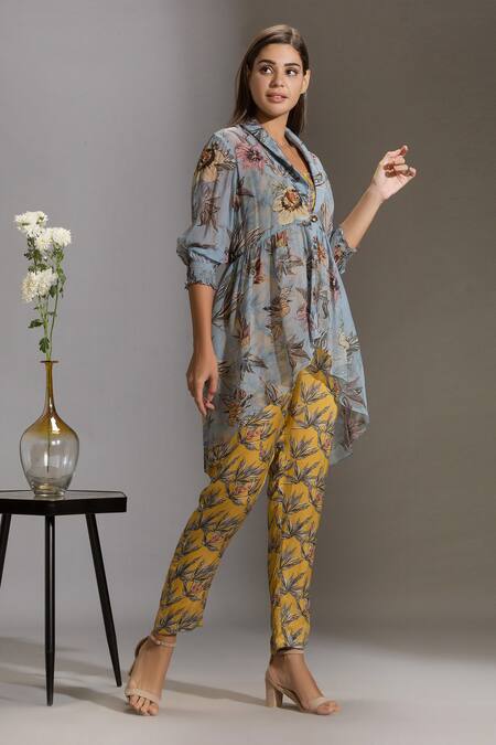 Soup By Sougat Paul_Yellow Organza, Satin Square Neck Printed Jumpsuit With Jacket _Online_at_Aza_Fashions