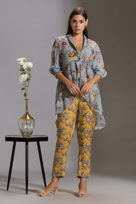 Buy_Soup By Sougat Paul_Yellow Organza, Satin Square Neck Printed Jumpsuit With Jacket _Online_at_Aza_Fashions