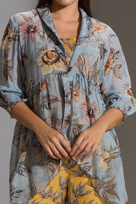 Soup By Sougat Paul_Yellow Organza, Satin Square Neck Printed Jumpsuit With Jacket _at_Aza_Fashions