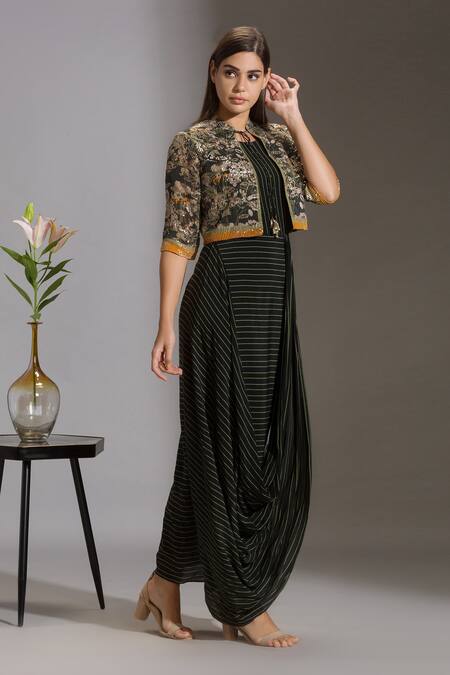 Soup By Sougat Paul_Black Crepe, Sequins Fabric Round Striped Dress With Jacket _Online_at_Aza_Fashions