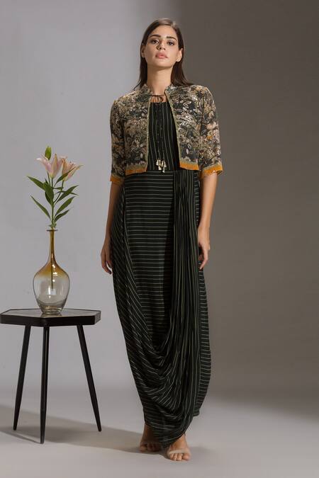 Buy_Soup By Sougat Paul_Black Crepe, Sequins Fabric Round Striped Dress With Jacket _Online_at_Aza_Fashions