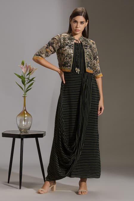 Shop_Soup By Sougat Paul_Black Crepe, Sequins Fabric Round Striped Dress With Jacket _Online_at_Aza_Fashions