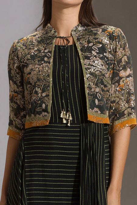 Soup By Sougat Paul_Black Crepe, Sequins Fabric Round Striped Dress With Jacket _at_Aza_Fashions