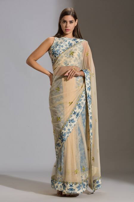 Shop_Soup By Sougat Paul_Yellow Net, Muslin Slub, Sequins Fabric Round Embroidered Pre-draped Saree Set _Online_at_Aza_Fashions