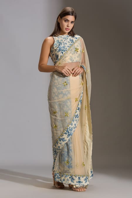 Soup By Sougat Paul_Yellow Net, Muslin Slub, Sequins Fabric Round Embroidered Pre-draped Saree Set _Online_at_Aza_Fashions