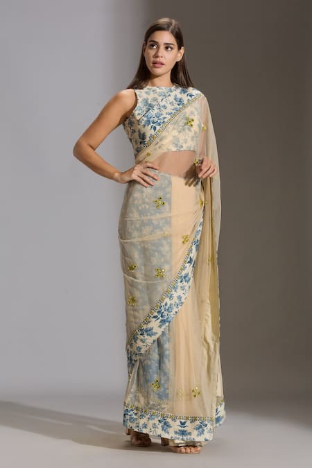 Buy_Soup By Sougat Paul_Yellow Net, Muslin Slub, Sequins Fabric Round Embroidered Pre-draped Saree Set _Online_at_Aza_Fashions