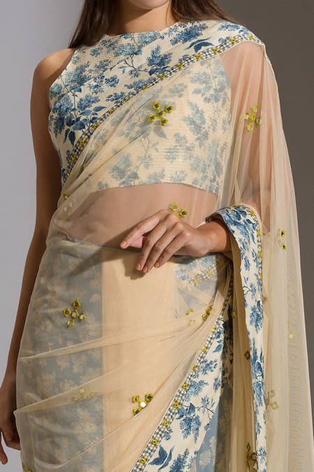 Soup By Sougat Paul_Yellow Net, Muslin Slub, Sequins Fabric Round Embroidered Pre-draped Saree Set _at_Aza_Fashions