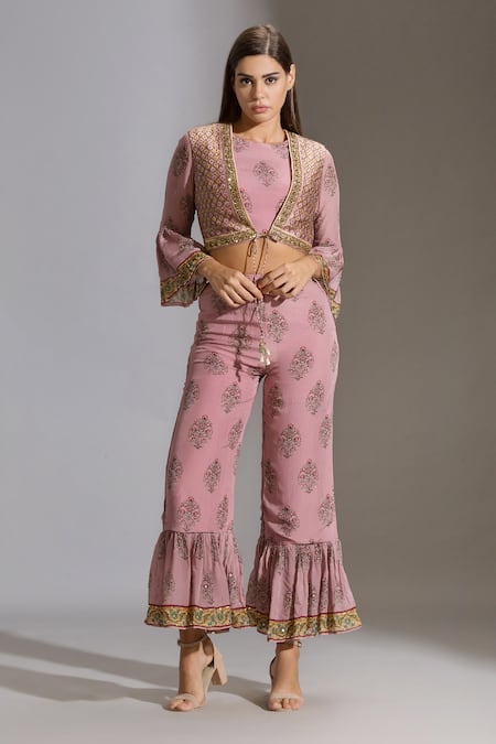 Soup by Sougat Paul Pink Malaysian Silk Round Printed Jacket And Sharara Set