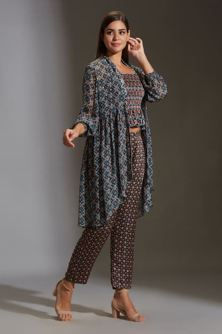 Soup By Sougat Paul_Beige Chiffon, Satin Round Printed Jacket And Pant Set _Online_at_Aza_Fashions