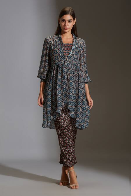 Buy_Soup By Sougat Paul_Beige Chiffon, Satin Round Printed Jacket And Pant Set _Online_at_Aza_Fashions