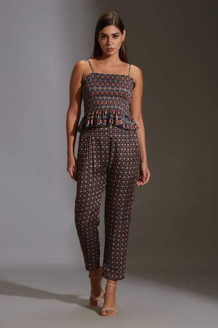 Shop_Soup By Sougat Paul_Beige Chiffon, Satin Round Printed Jacket And Pant Set _Online_at_Aza_Fashions