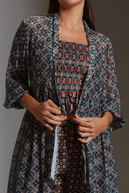 Soup By Sougat Paul_Beige Chiffon, Satin Round Printed Jacket And Pant Set _at_Aza_Fashions