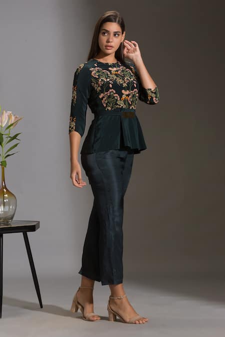 Soup By Sougat Paul_Green Twill, Sequins Fabric Round Printed Top And Pant Set _Online_at_Aza_Fashions