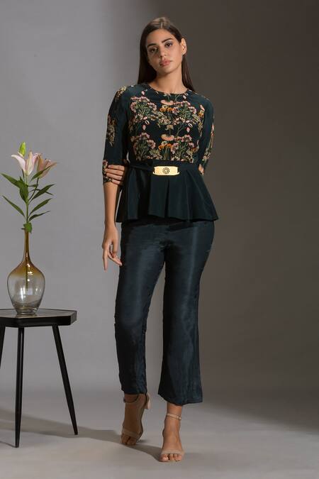 Buy_Soup By Sougat Paul_Green Twill, Sequins Fabric Round Printed Top And Pant Set _Online_at_Aza_Fashions