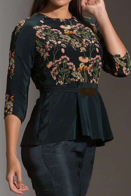 Soup By Sougat Paul_Green Twill, Sequins Fabric Round Printed Top And Pant Set _at_Aza_Fashions