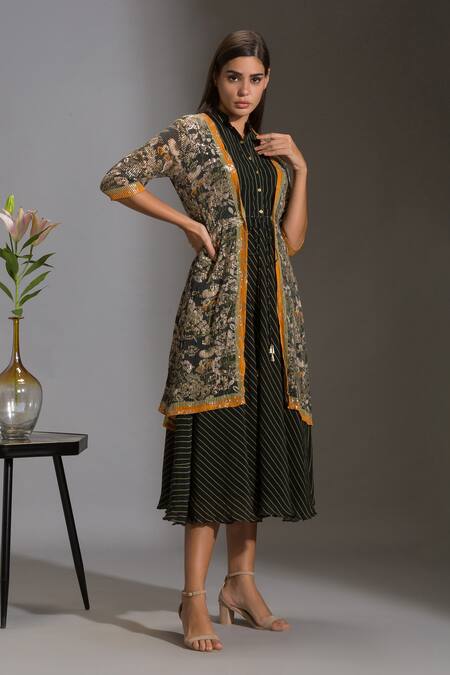 Soup By Sougat Paul_Black Crepe, Sequins Fabric Mandarin Collar Striped Dress With Jacket _Online_at_Aza_Fashions