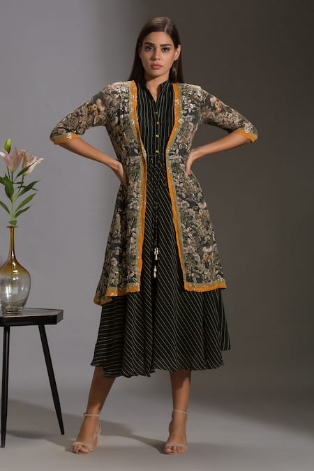 Buy_Soup By Sougat Paul_Black Crepe, Sequins Fabric Mandarin Collar Striped Dress With Jacket _Online_at_Aza_Fashions